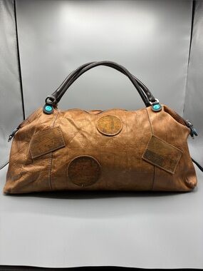 GABS ITALY Vintage-Inspired Tan Leather Shoulder Bag with Turquoise Accents